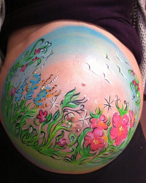 A close up of a prenatal belly painting design done by Melissa Nigi in Ottawa.